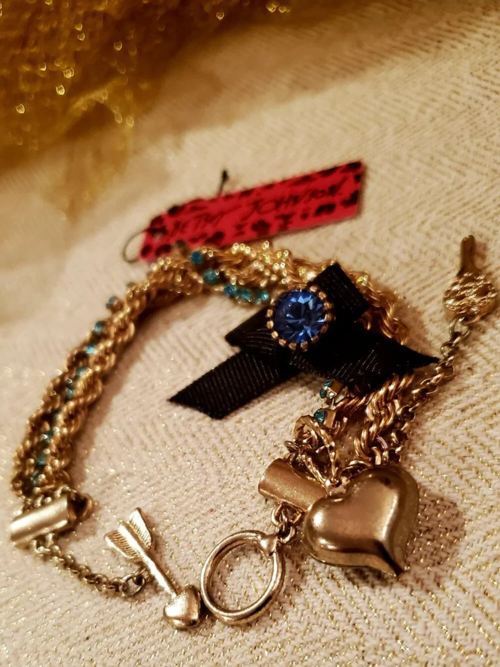 Blue Crystal & Black Bow Charm Bracelet – Gold Tone Multi-Strand Betsey Johnson